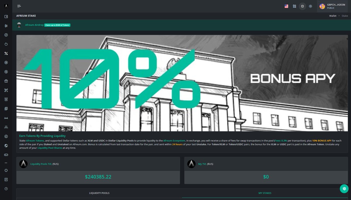 As we approach the end of the year, we are doubling down (literally) on ensuring liquidity for all #Afreum token pairs with #XLM, and selectively #USDC. Earn Bonus APY of 10%, on top of share of 0.3% pool Swap fees, when you Stake and Unstake via Afreum.com.