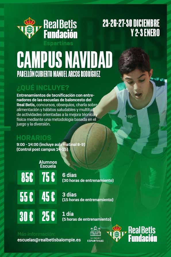 RBetisBasketESC's tweet image. ¡Abierto el plazo de inscripción para el campus de Navidad! 💚🔛