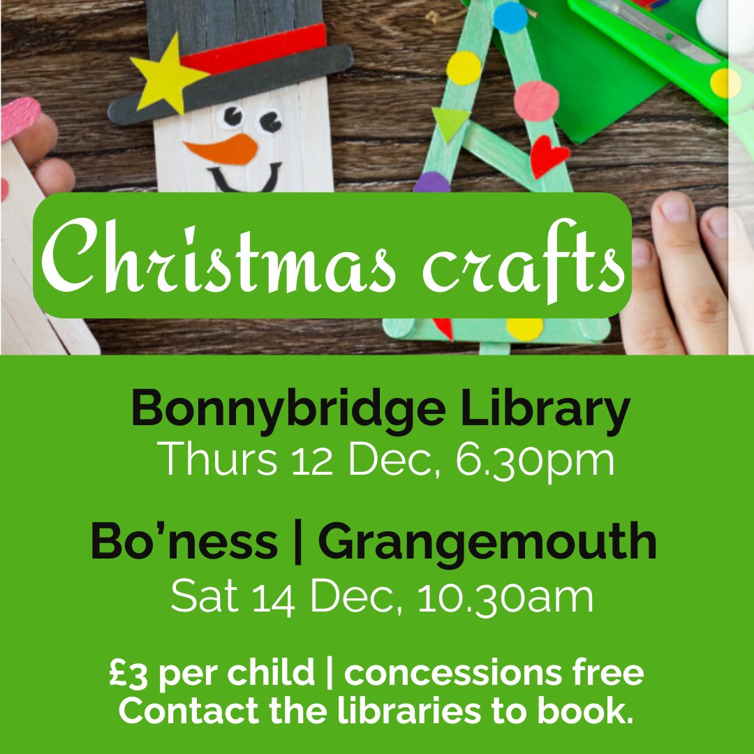 Christmas crafts for youngsters this week #boness #bonnybridge and #grangemouth.

£3, or free if you're receiving certain benefits. Contact the library to reserve a space.

While you're in, grab a treasure hunt sheet and see if you can find what Yeti is up to in the library!
