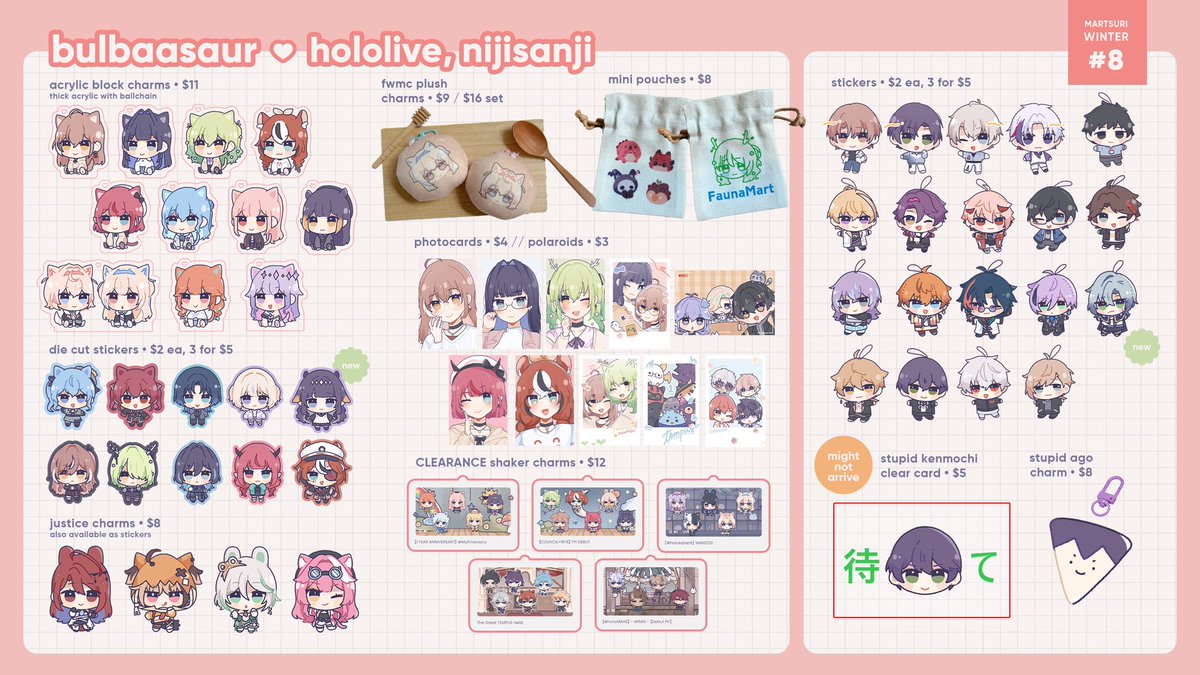 bulbaasaur's tweet photo. hello here’s my catalogue for @mARTsuri_SG this weekend, i’ll be at table 8 with mint!!

i’ll accept limited reservations except for stickers and clear cards!! see you this saturday!! 

#martsurisg #martsurisg2024 https://t.co/lVAu9l1vfa