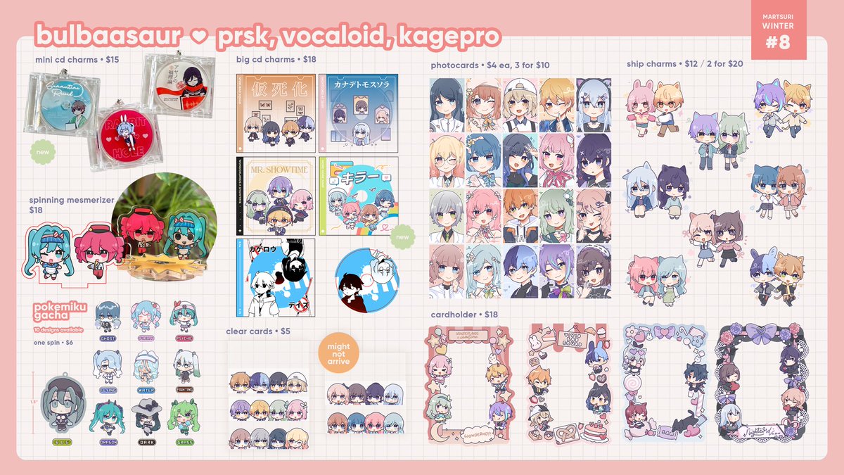 bulbaasaur's tweet photo. hello here’s my catalogue for @mARTsuri_SG this weekend, i’ll be at table 8 with mint!!

i’ll accept limited reservations except for stickers and clear cards!! see you this saturday!! 

#martsurisg #martsurisg2024 https://t.co/lVAu9l1vfa
