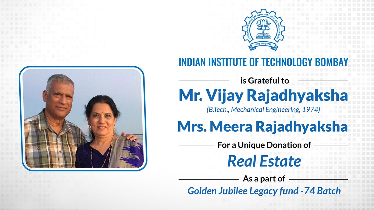 iitbombay's tweet photo. IIT B Class of 1974 applauds Mr Vijay Rajadhyaksha's innovative contribution to their Golden Jubilee Legacy Project. Funds dedicated to special batch Legacy Project. We are grateful to our alumnus for this generous contribution.

#IITBombay #ClassOf74 #Legacy https://t.co/5o9YjwUTsI