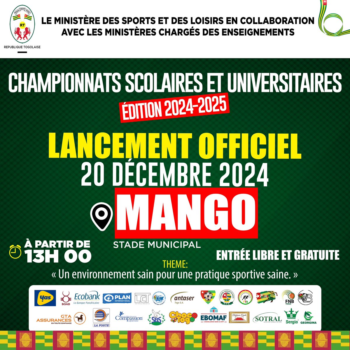 Après Tabligbo (2021), Bafilo (2022) et Aného (2023), cap sur #Mango pour vibrer au rythme des #ChampionnatsScolairesEtUniversitaires édition 2024.

Ensemble, soutenons l’éclosion des talents sportifs en milieu scolaire et universitaire.

<a href="/GouvTg/">Gouvernement Togolais/Togolese Government</a> 🇹🇬