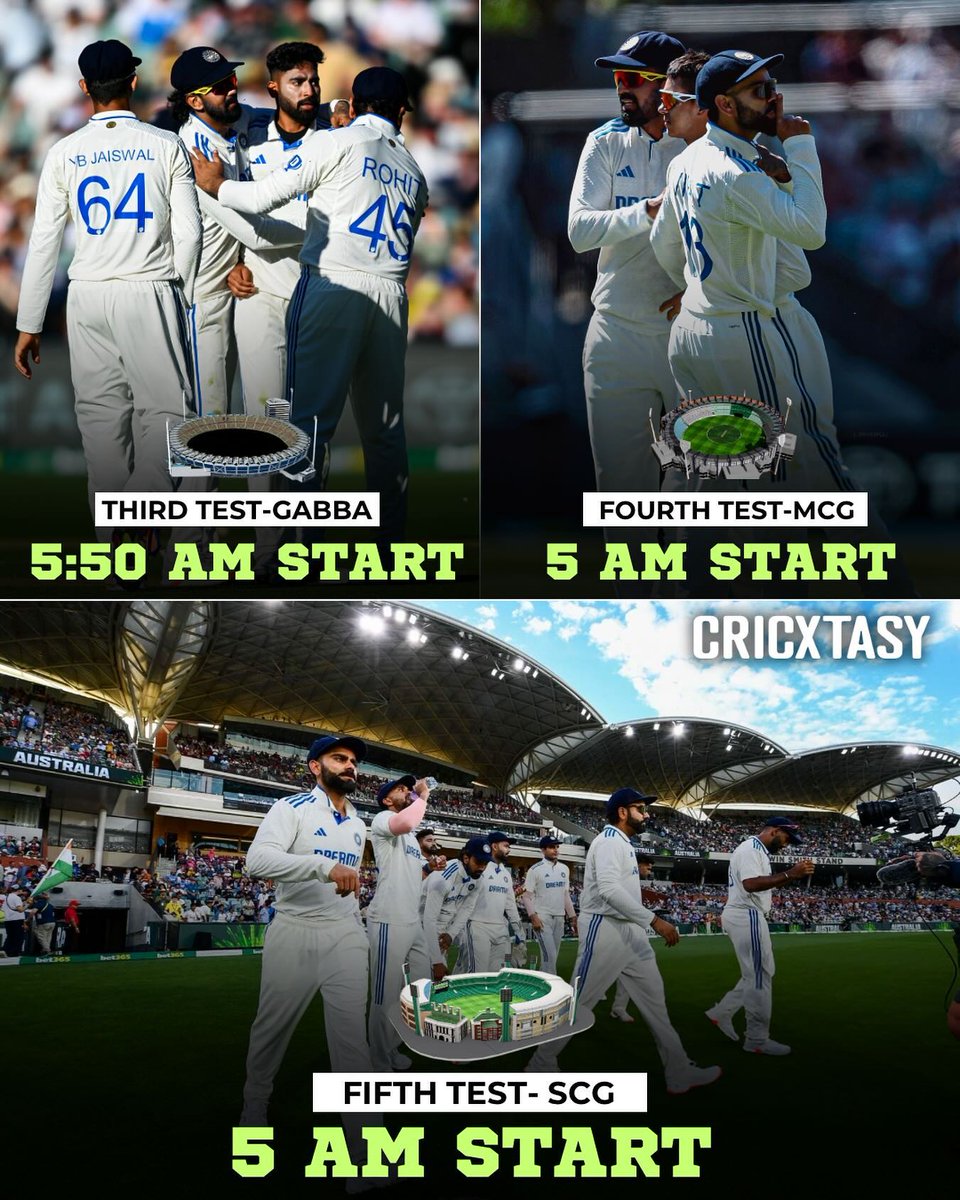 Set your alarms ⏰ 

The last 3 Tests will have early morning starts 🥶📌

#indvaus #viratkohli #rohitsharma #cricketnews #brisbane #melbourne #sydney #bgt #klrahul #rishabhpant #cricketupdates #GranHermano #سجن_صيدنايا #بشار_الأسد #Syria #Bitcoin #jayvik #ชาล็อตออสติน #ไรเดอร์เจ