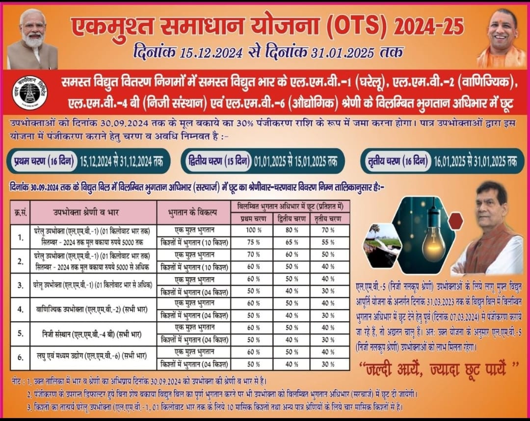 <a href="/aksharmaBharat/">A K Sharma</a>
<a href="/UppclChairman/">CMD UPPCL</a>
<a href="/UPPCLLKO/">UPPCL</a>
<a href="/CMOfficeUP/">CM Office, GoUP</a>
<a href="/ChiefSecyUP/">S.P. Goyal, Chief Secretary, GoUP</a>
<a href="/PVVNLHQ/">Pashchimanchal Vidyut Vitran Nigam Ltd</a> 
जनपद मुजफ्फरनगर के सभी बकायेदार विद्युत उपभोक्ताओं से अनुरोध है कि दिनांक 15/12/24 को #एकमुश्त_समाधान_योजना 2024-25 लागू की जा रही हैं