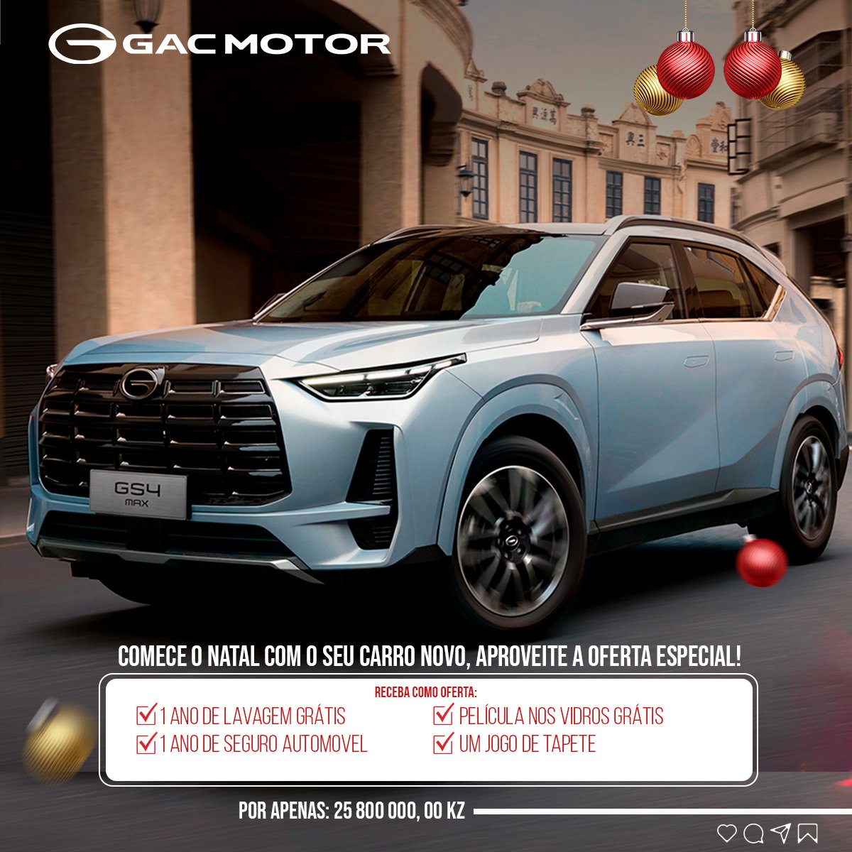 gacmotorangola's tweet photo. 🎄✨ O Natal chegou mais cedo na GAC MOTOR!  

Apresente-se com estilo neste Natal com o **GS4 MAX**: potência, conforto e tecnologia num só SUV. 🎁🚗  

🎅 Ofertas especiais já disponíveis! Não espere o Papai Noel, garanta o seu hoje! 🎄  

#GS4MAX #NatalGAC #OfertasEspeciais https://t.co/5jlsl2bfIS