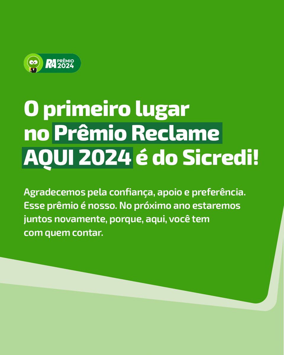 Somos bicampeões da categoria Cooperativa de Crédito. Isso é resultado da parceria e confiança dos nossos associados. Essa conquista é de todos nós! Continue contando com o nosso comprometimento em sempre oferecer o melhor atendimento. 💚
#Sicredi #PrêmioRA #ReclameAqui
