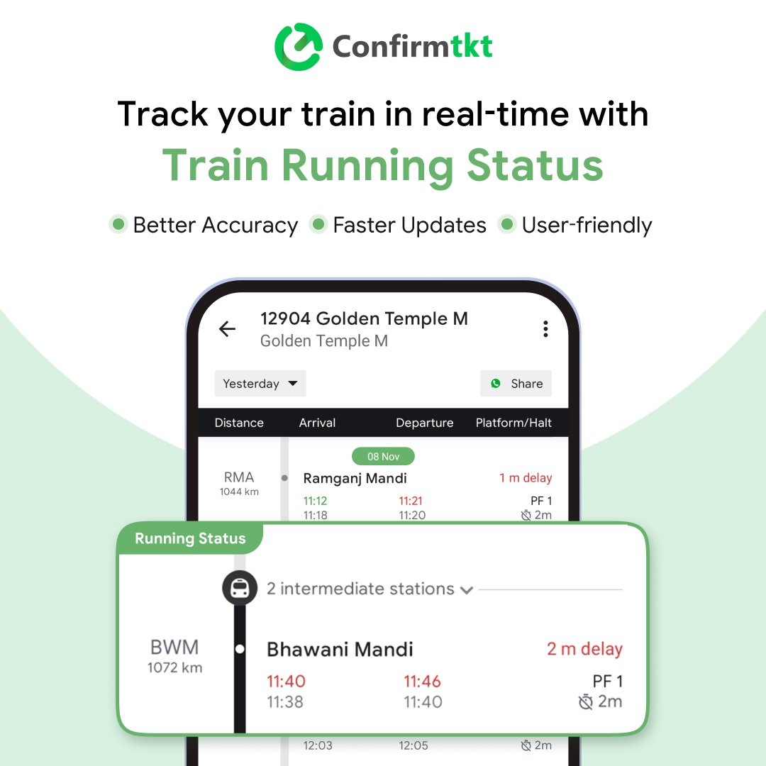 ConfirmTKT's tweet image. 🚂 Where’s your train?
Find out instantly with our revamped Running Status—now faster and more accurate than ever! ✅

#TrainRunningStatus #Whereismytrain #IndianRailways #Railwaytrack #TrackYourTrain #DownloadConfirmtkt