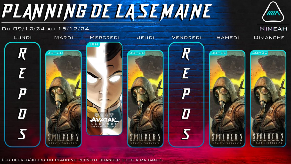 Le planning en retard !

Pas de stream Vendredi pour regarder les GA chez MV par exemple et on fera le debrief le lendemain !

JDR Avatar Legends évidemment chez <a href="/lubu_wei/">Lubuwei</a> avec @Jack0fS <a href="/France_Louve/">📝 France Louve 🐺</a> et <a href="/Kiro_S_Terashii/">Kiro S. Terashii</a> !

La biz !

(j'adore Stalker 2)