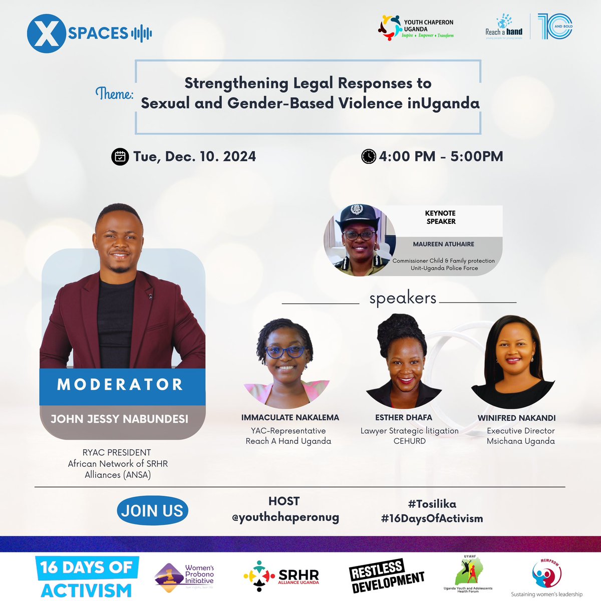 John Jessy🇺🇬 (@johnjessy101) on Twitter photo Join us in less than 10 minutes for a conversation on Strengthening Legal Responses to Sexual and Gender Based Violence in Uganda.
I’ll be moderating an amazing panel <a href="/EstherDhafa/">Esther Dhafa</a> <a href="/WinifredNakandi/">Winifred Nakandi</a> <a href="/NakalemaImmacu4/">Nakalema Immaculate</a> and our key note from <a href="/momocherise/">Maureen Atuhaire</a>
#16DaysOfActivism
#Tosilika Join us in less than 10 minutes for a conversation on Strengthening Legal Responses to Sexual and Gender Based Violence in Uganda.
I’ll be moderating an amazing panel <a href="/EstherDhafa/">Esther Dhafa</a> <a href="/WinifredNakandi/">Winifred Nakandi</a> <a href="/NakalemaImmacu4/">Nakalema Immaculate</a> and our key note from <a href="/momocherise/">Maureen Atuhaire</a>
#16DaysOfActivism
#Tosilika