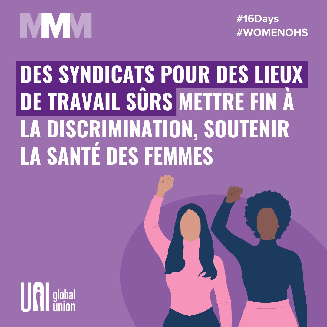 🌍✊ Safe work is a human right, so on #HumanRightsDay, we're demanding healthy jobs, free from discrimination. 💪💜!
 
📢As #16Days draws to a close, we're underlining the key role unions have to play in creating safe, fair workplaces for all workers.
 
#WomenOHS