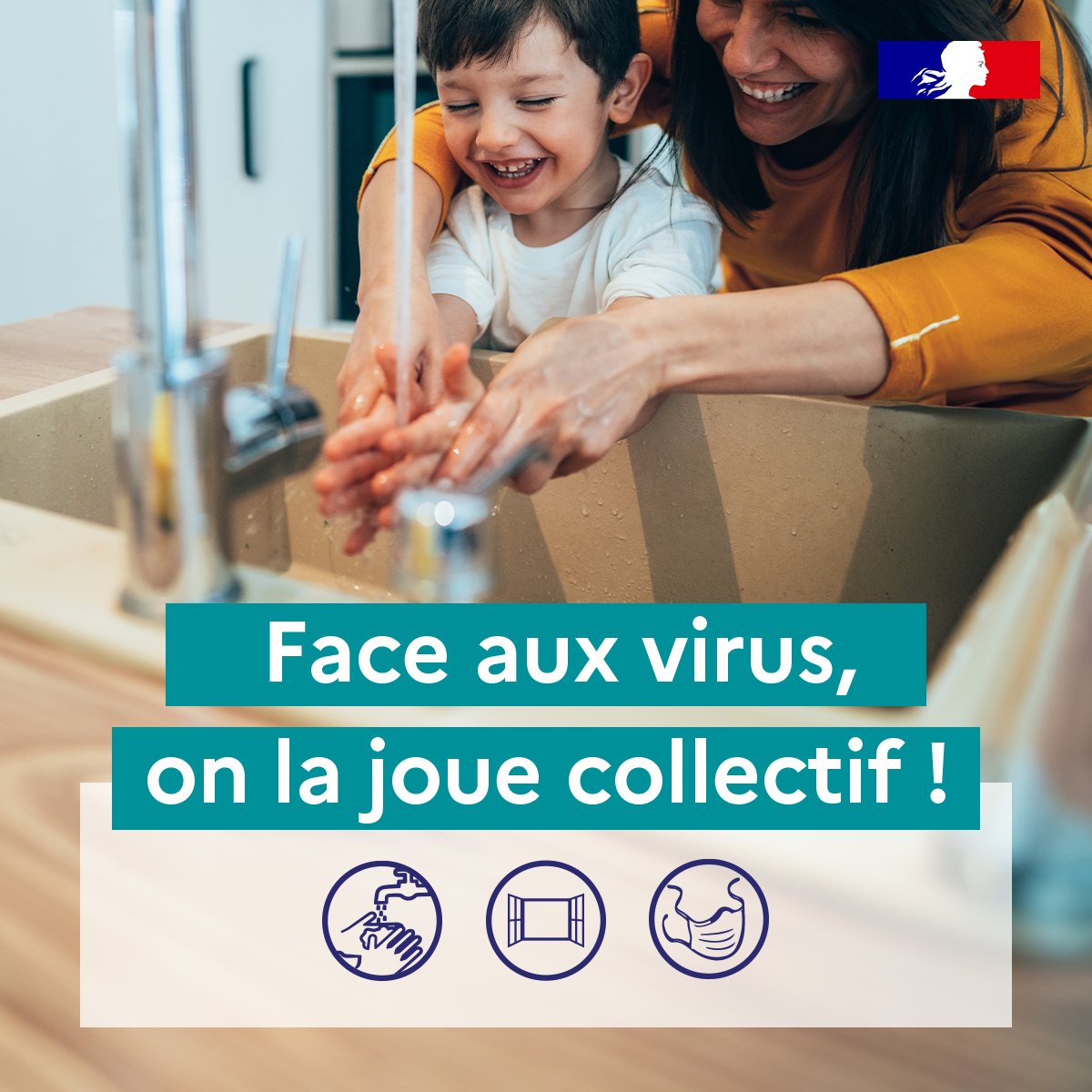 #GestesBarrières | Face aux virus, on la joue collectif !

Pour se protéger des virus, 3 gestes simples : se laver les mains, aérer régulièrement, porter un masque en cas de symptômes.

Plus d'informations 👉👉 sante.fr/gestes-barrier…