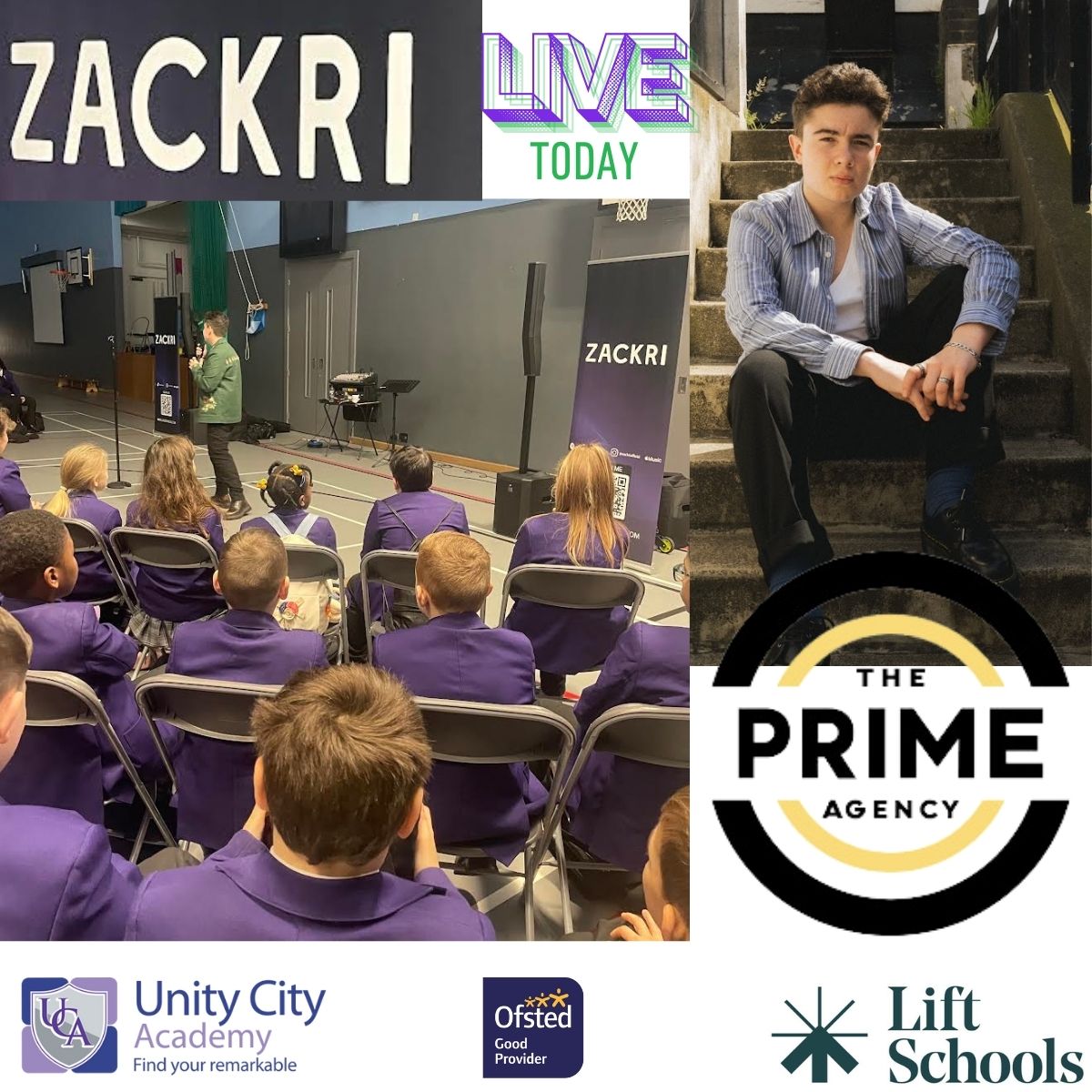 Lift_Unity_City's tweet image. @ThePrimeAgency Zackri is here LIVE performing for our year 7 &amp;amp; 8 students! Sharing key messages about keeping safe as teenagers, with a packed music set to entertain us!!! #welovemusic #learningindifferentways