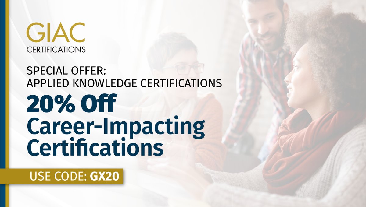 SANSInstitute's tweet image. Take your certification to the next level with #GIAC #AppliedKnowledge Certifications! Solve real-world security scenarios in CyberLive and demonstrate your mastery. 

Get 20% off for a limited time with code GX20!

🔍 Learn more here: giac.org/u/1yZo

#CertifyGIAC
