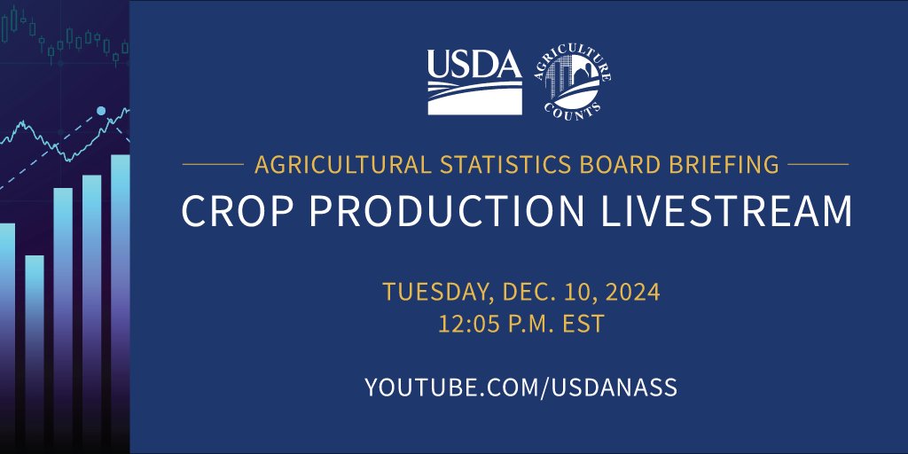 WATCH LIVE: #NASS and <a href="/usda_oce/">USDA Office of the Chief Economist</a> will livestream the December Crop Production data report and the World Agricultural Supply and Demand Estimates briefing TODAY at 12:05 p.m. ➡️ youtube.com/usdanass