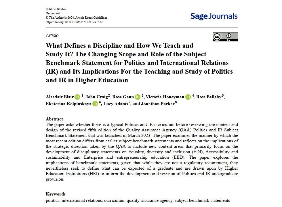 PolStudies's tweet photo. What Defines a Discipline &amp; How We Teach &amp; Study It? Blair, @Teach_Politics, @RosejGann, @Vhoneymanleeds, Bellaby, Kolpinskaya, @LucyKAdams &amp; @Dr_Jon_Parker examine HE Politics and IR curricula &amp; the implications of benchmark statements: https://t.co/LTJqyPtzNU

@SAGECQPolitics https://t.co/DwFHUKiOhH