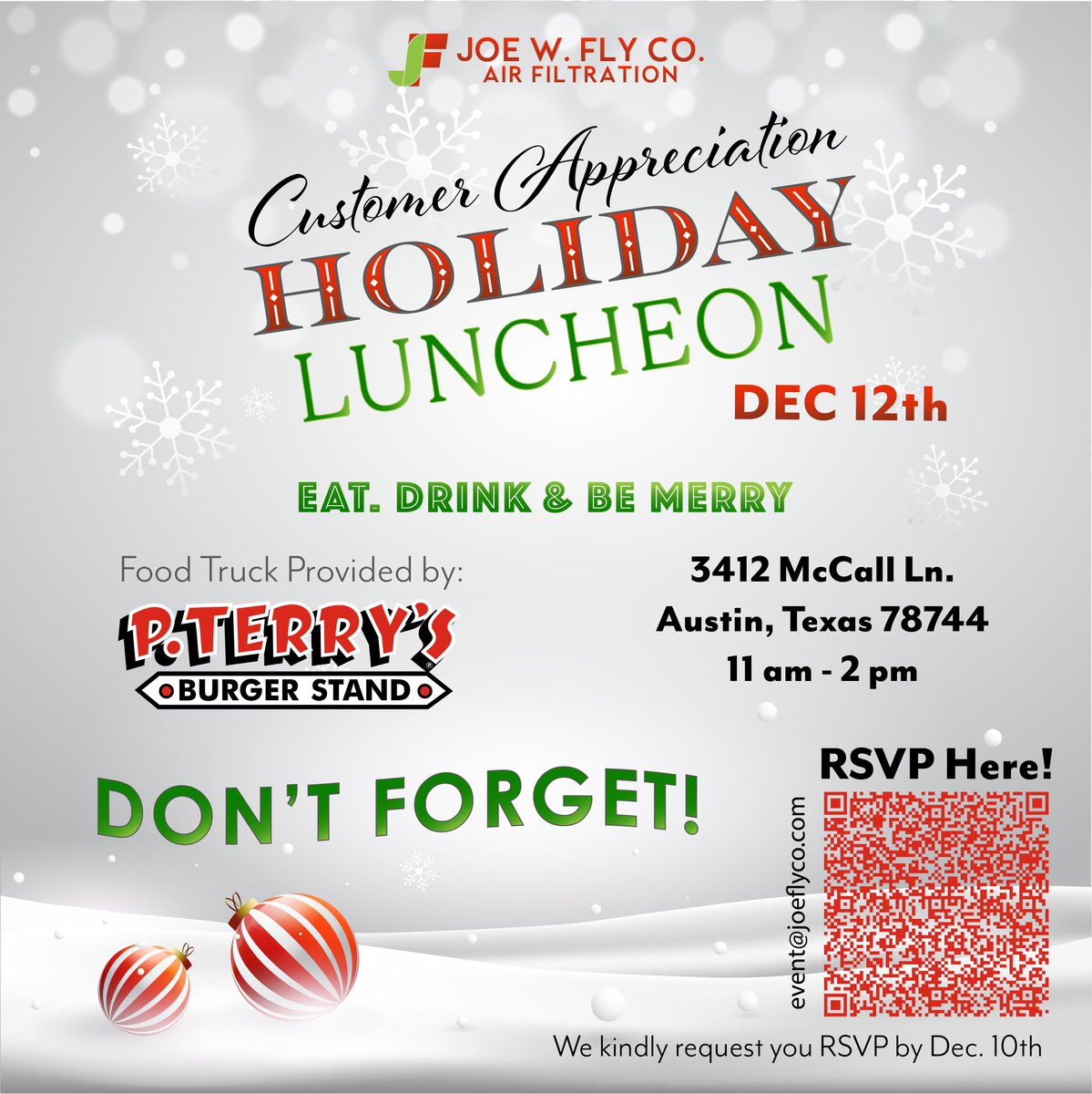 joeflyco's tweet photo. Don't  Forget to RSVP for our Customer Appreciation Holiday Luncheon! We look forward to seeing you!
Take a picture of the QR code or email your RSVP to event@joeflyco.com. https://t.co/68t72SOuc3