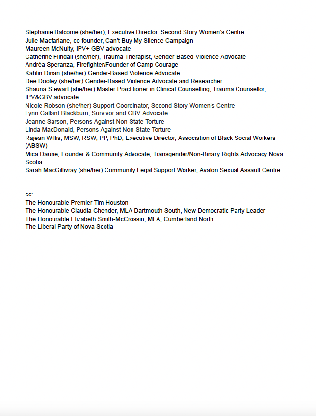 Proud to sign this letter in a coalition of GBV advocacy orgs to the Progress Monitoring Committee who monitor the implementation of Mass Casualty Commission recommendations.
Their annual progress report was greatly lacking in detail on progress on IPV/GBV <a href="/nsgov/">Nova Scotia Gov.</a>  <a href="/TimHoustonNS/">Tim Houston</a>