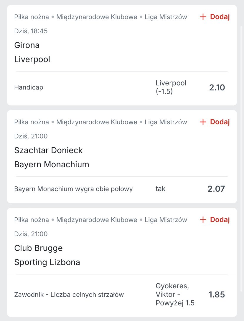 Luźna wrzuta na dzisiejszą ligę mistrzów ⬇️

🎥: superbet.onelink.me/Tegf/yo5sqvmw

💰150PLN Freebet dla osoby która ❤️ polubi oraz 🔁 zrepostuje posta jeżeli kupon będzie zielony ✅ 

(No i oczywiście wygra osoba która obserwuje mój profil) 

Tak jak napisałem wyżej jest to luźna wrzuta 3