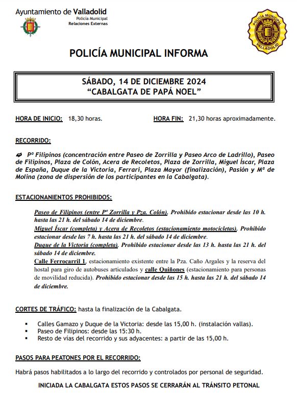 🎅 ¡Papá Noel llega a #Valladolid! Este sábado 14, la Cabalgata recorrerá el centro de la ciudad desde las 18:30 h.

🚶‍♀️ Disfruta del evento y deja el coche en casa: utiliza transporte público o camina. ¡Evitemos problemas!

📍 Recorrido: Te lo contamos👇