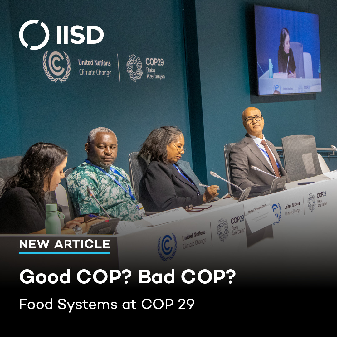 The 29th United Nations Climate Conference (#COP29) in Baku failed to build on the notable progress made on food systems at COP 28.

However, it wasn't all doom and gloom. Our expert <a href="/claire_mcc90/">Claire McConnell (she/her)</a> explains 👇 

iisd.org/articles/insig…