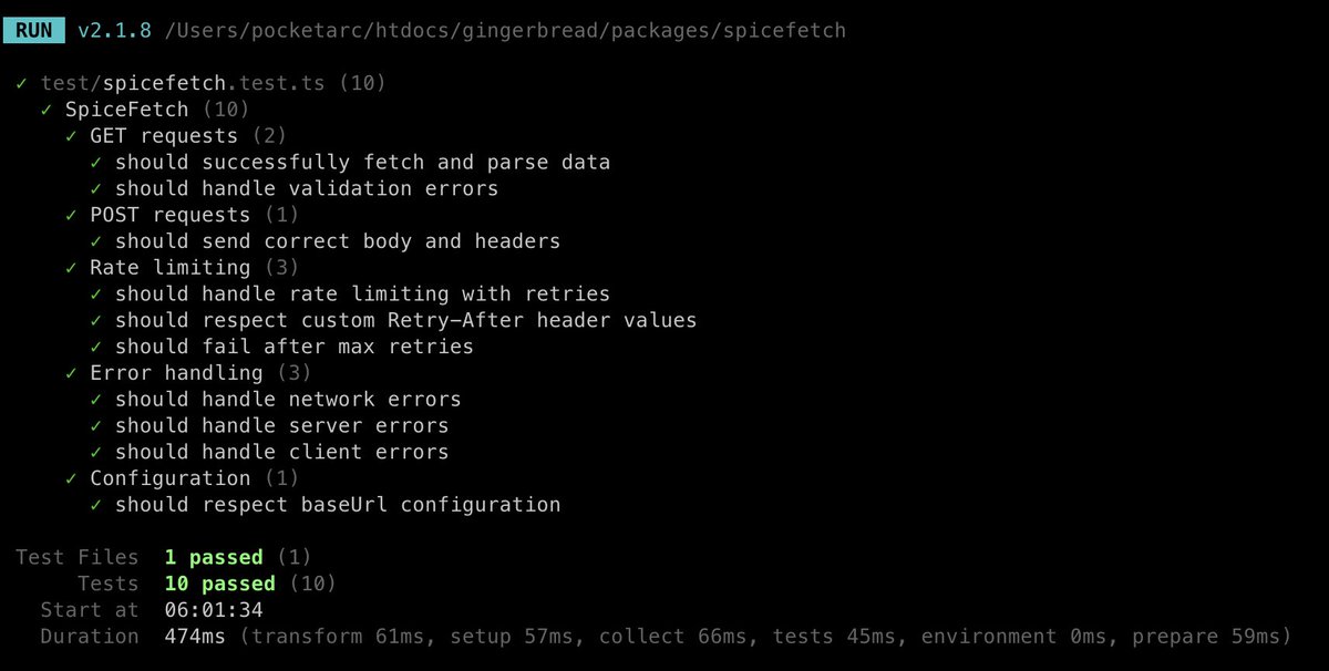 Loving this. 

Unit tests for a safe and fully-typed HTTP Request library I've been working on (everything is a Result, no Errors, responses go through Zod).

HTTP server is mocked with msw and time is faked, so even with rate limiting testing, the whole test suite runs in 500ms.
