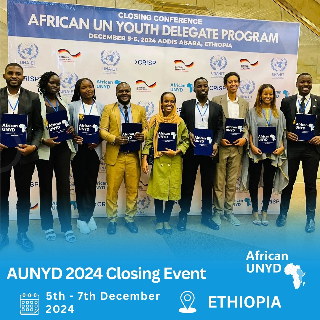 AUNYD_2023's tweet photo. We proudly celebrated the incredible achievements of our AUNYD delegates at the Final Event! 

These young leaders from Uganda, Kenya, Tanzania, Ethiopia, Sudan, and South Sudan have demonstrated remarkable dedication and resilience in advocating for youth rights and engagement. https://t.co/NyI9c4L61c