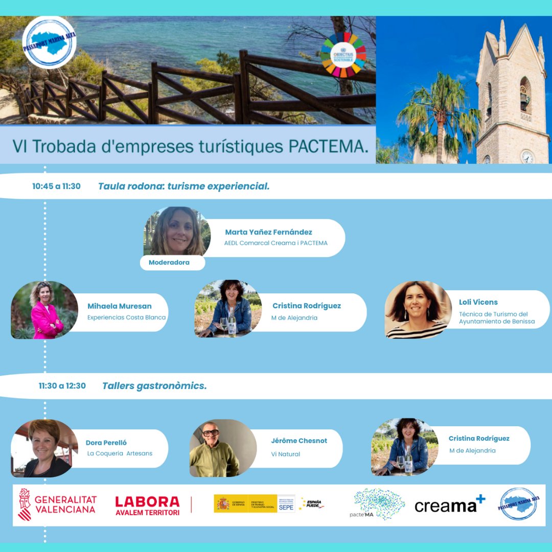 creama_org's tweet photo. 📣VI TROBADA EMPRESAS TURÍSTIQUES #PacteMA. 🗓️11-12-2024 📍Espai Cultural les Cases del Batle (#Benissa).
Info: passaport@creama.org / 966426012
@GVAlabora
#GvaLabora #Creama #MarinaAlta #TreballemJuntsPerLaComarca
#PassaportMarinaAlta https://t.co/J0KH9lELUR