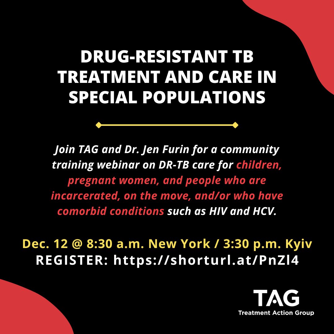 Treatment Action Group (TAG) (@tagteam_tweets) on Twitter photo Join TAG + Dr. Jen Furin this Thursday, Dec. 12 @ 8:30 a.m. EDT to learn + share the latest updates about DR-TB care for populations too often overlooked. Simultaneous translation into Ukrainian will be available, courtesy of <a href="/StopTBUkraine/">Партнерство «Зупинимо туберкульоз. Україна»</a>. Register here: shorturl.at/PnZl4 Join TAG + Dr. Jen Furin this Thursday, Dec. 12 @ 8:30 a.m. EDT to learn + share the latest updates about DR-TB care for populations too often overlooked. Simultaneous translation into Ukrainian will be available, courtesy of <a href="/StopTBUkraine/">Партнерство «Зупинимо туберкульоз. Україна»</a>. Register here: shorturl.at/PnZl4