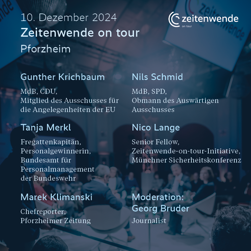 MunSecConf's tweet image. 🔜 Vor 5 Tagen waren wir mit der #Zeitenwende on tour in Naumburg (Saale), heute öffnen wir unsere Türen in #Pforzheim.

Diskutieren Sie mit unseren Expert:innen vor Ort über die sicherheitspolitische Zukunft Deutschlands &amp;amp; Europas. Jetzt noch anmelden: securityconference.org/zeitenwende/pf…