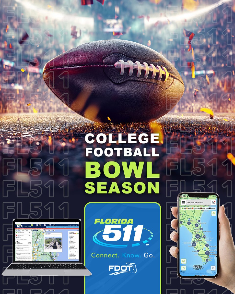 fl511_northeast's tweet photo. The college football bowl season kicks off this Saturday! Florida is the proud host of eight Bowl Games. Use https://t.co/IQ3r3dHkey before you head out for the next big game in your area to navigate safely and efficiently. #FL511
#ConnectKnowGo
@PlayInFlorida https://t.co/0pDKVcQK6e