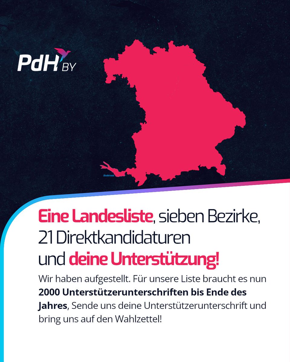 ⚠️  Wir brauchen deine Unterstützung! ⚠️ 

Damit wir bei der Wahl am 23. Februar eine echte Alternative in Bayern sein können, brauchen wir 2000 Unterstützungsunterschriften – und dafür zählen wir auf dich!

#BTW25 #PdH #Fakten #Freiheit #Fortschritt