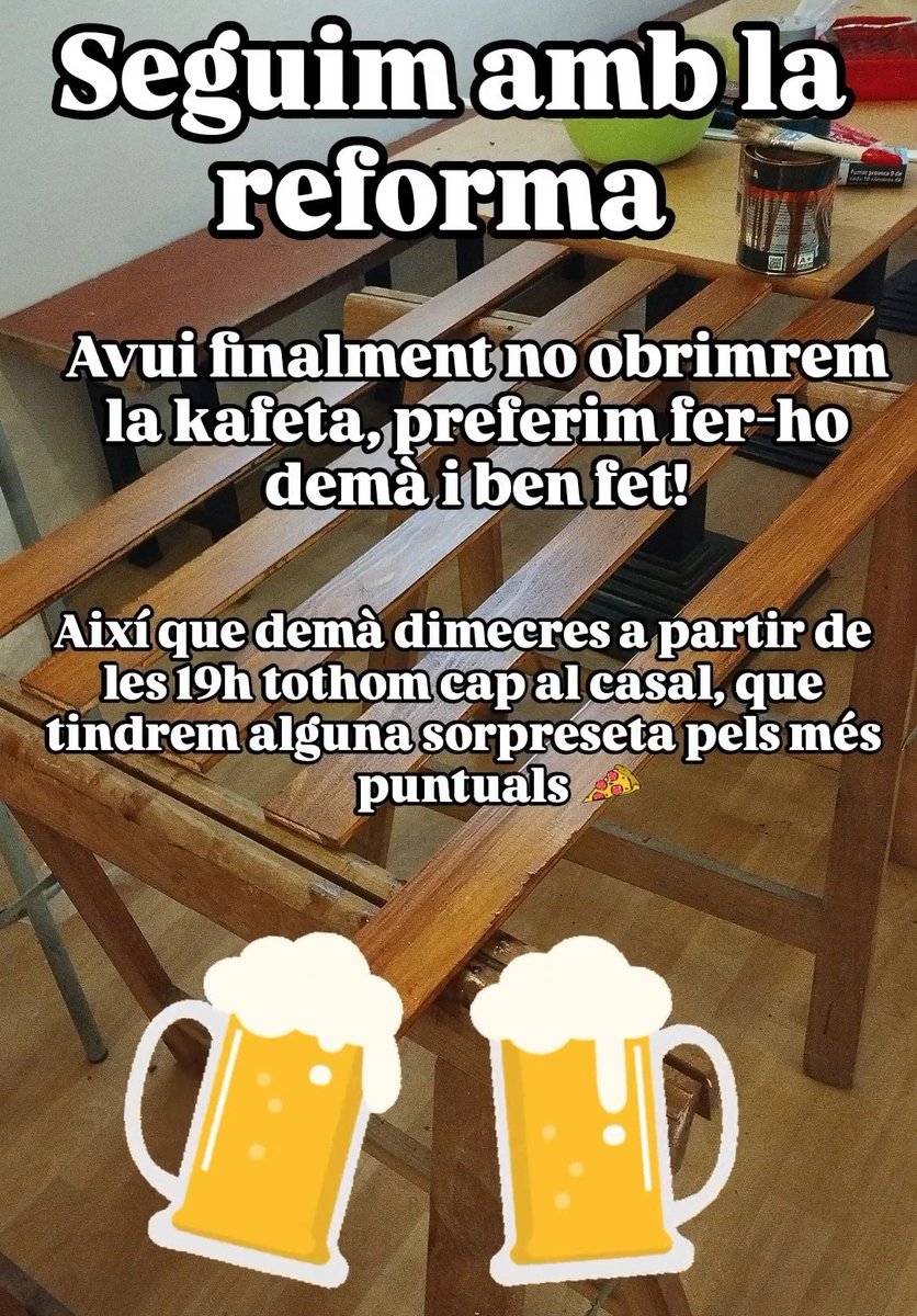 AVUI DIMARTS KAFETA TANCADA
(Els cursos i tallers no tanquen)

Ens veiem demà dimecres a les 19h, per donar una bona benvinguda a la barra nova. 
Hi haurà alguna sorpresa pels més puntuals!

I recordeu:
PER NADAL CADA OVELLA AL SEU CASAL!