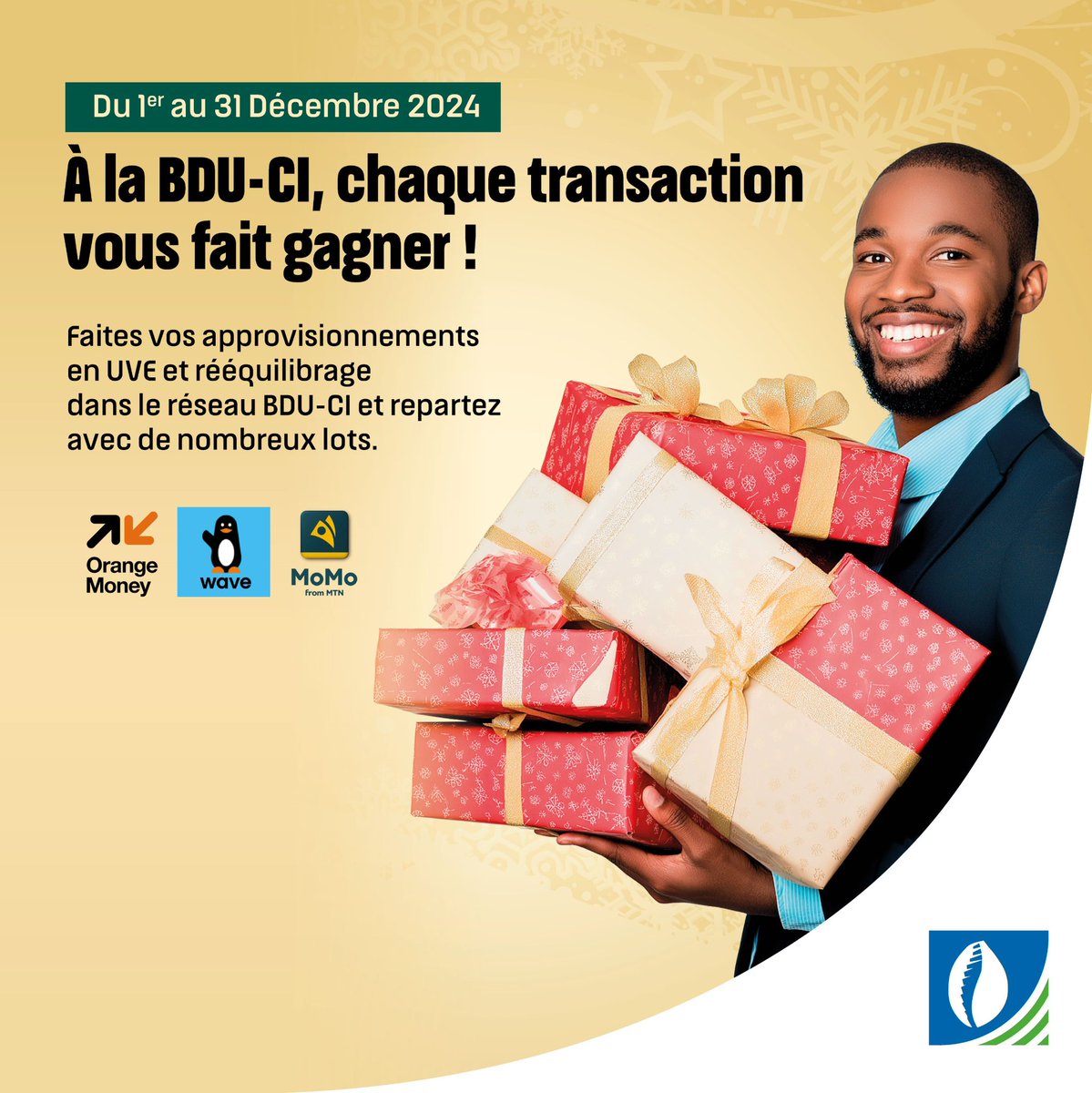 banque_union's tweet photo. Approvisionnez-vous en UVE et réalisez vos rééquilibrages Orange Money, Wave, MTN MoMo et augmentez vos chances de gagner des lots incroyables.

Rendez-vous en agence BDU-CI la plus proche.

#BDUCI #CadeauxDeDécembre #TransactionsGagnantes #wave #MoMo #OrangeMoney https://t.co/POaeA253VJ
