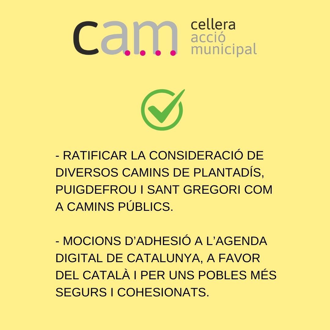 CAMcellera's tweet photo. En el darrer Ple celebrat, el grup de CAM vam votar a favor de dos punts de l’ordre del dia, ens vam abstenir en 3 punts i vam fer dues preguntes a l’equip de govern. 
#celleraacciomunicipal 
#oposcio https://t.co/a48Cl0hTYv