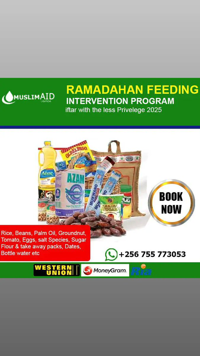 Support Muslim Aid uganda in the holy month of Ramadan,hot meals, and  Food Package Appeal by donating Iftar and Sahur food packages to needy families and mosques For £100, you can provide food for a mosque for one day during Ramadan and £3,000 for the whole month of Ramadan.