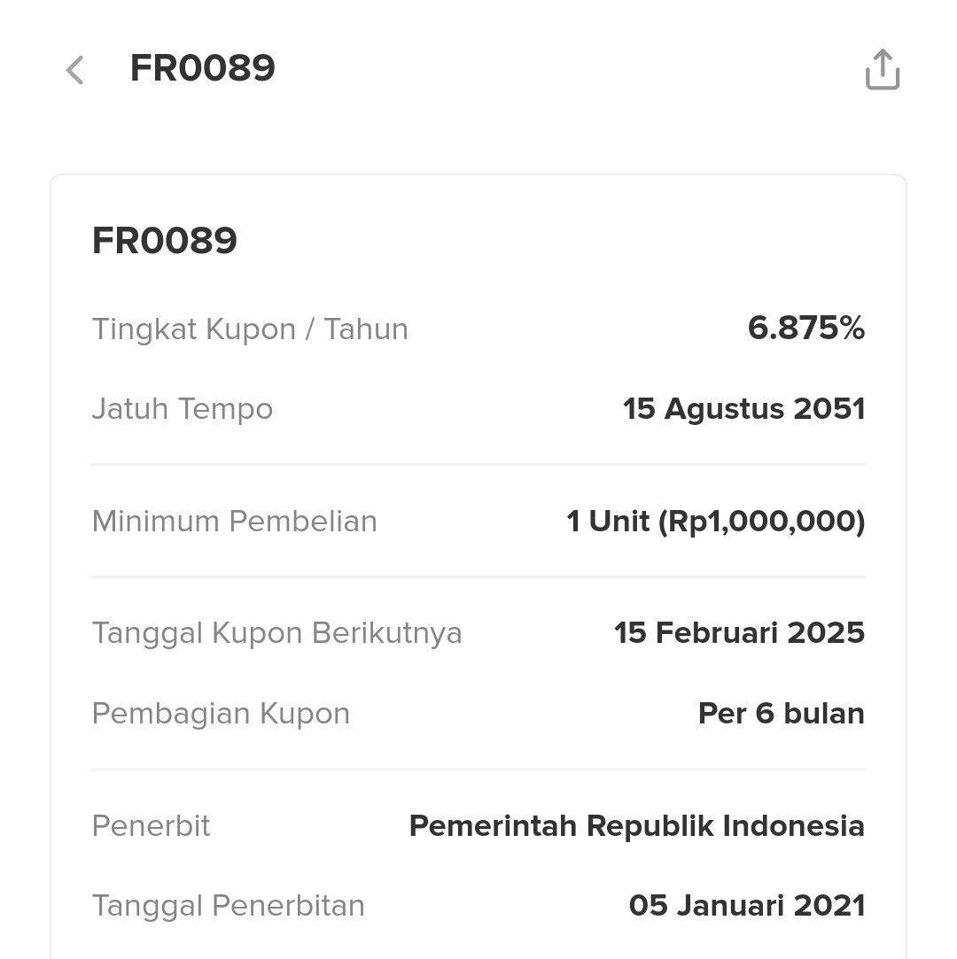 eDzulfikar's tweet photo. @irwndfrry Buat apa ni? Passive income?
Jangka panjang lumayan bagus:

FR97 harga belinya 100,75%
Kalo FR87 harga belinya 97.75%

Yield nya 7% lebi dikit

Gajian 6 bulan sekali https://t.co/aNkQ2xnVgU