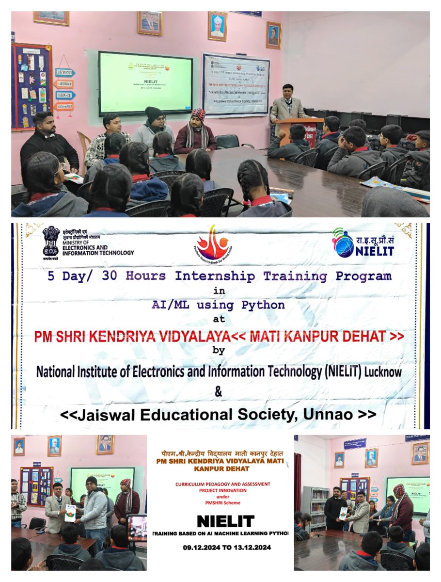 kvmati's tweet image. A 5 day, 9 to 13 Dec. 2024 (30 hrs.) Internship Training Program in AI (Artificial Intelligence) &amp;amp; ML (Machine Learning) by NIELIT Lucknow is being organized under Project Innovation of Curriculum Pedagogy and Assessment head of PMSHRI scheme. #pmshri #nep #projectinnovation