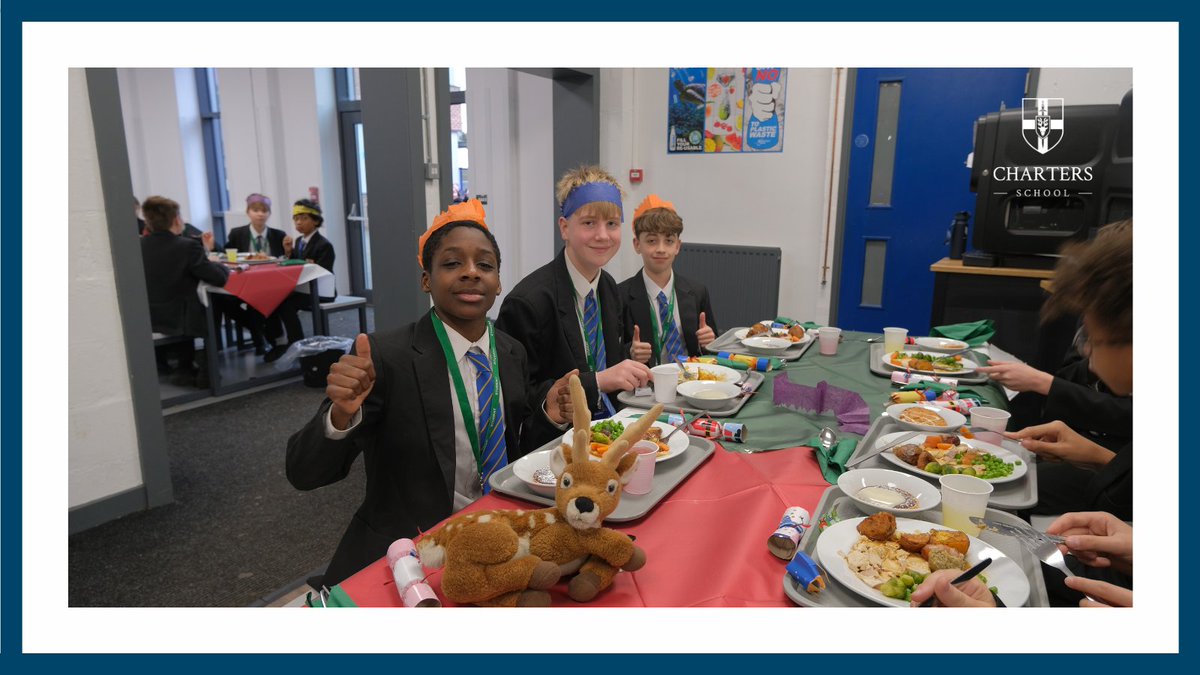 ChartersSchool's tweet photo. #WhereIsWaddleton
Our school mascot Waddleton joined students from across the school today as they tucked into their delicious Christmas lunch. Staff from #Cucina got into the festive spirit, as did Mrs Henly who sported her Xmas pudding hat whilst on duty 🎄🤶 https://t.co/tUqTaAIkq4