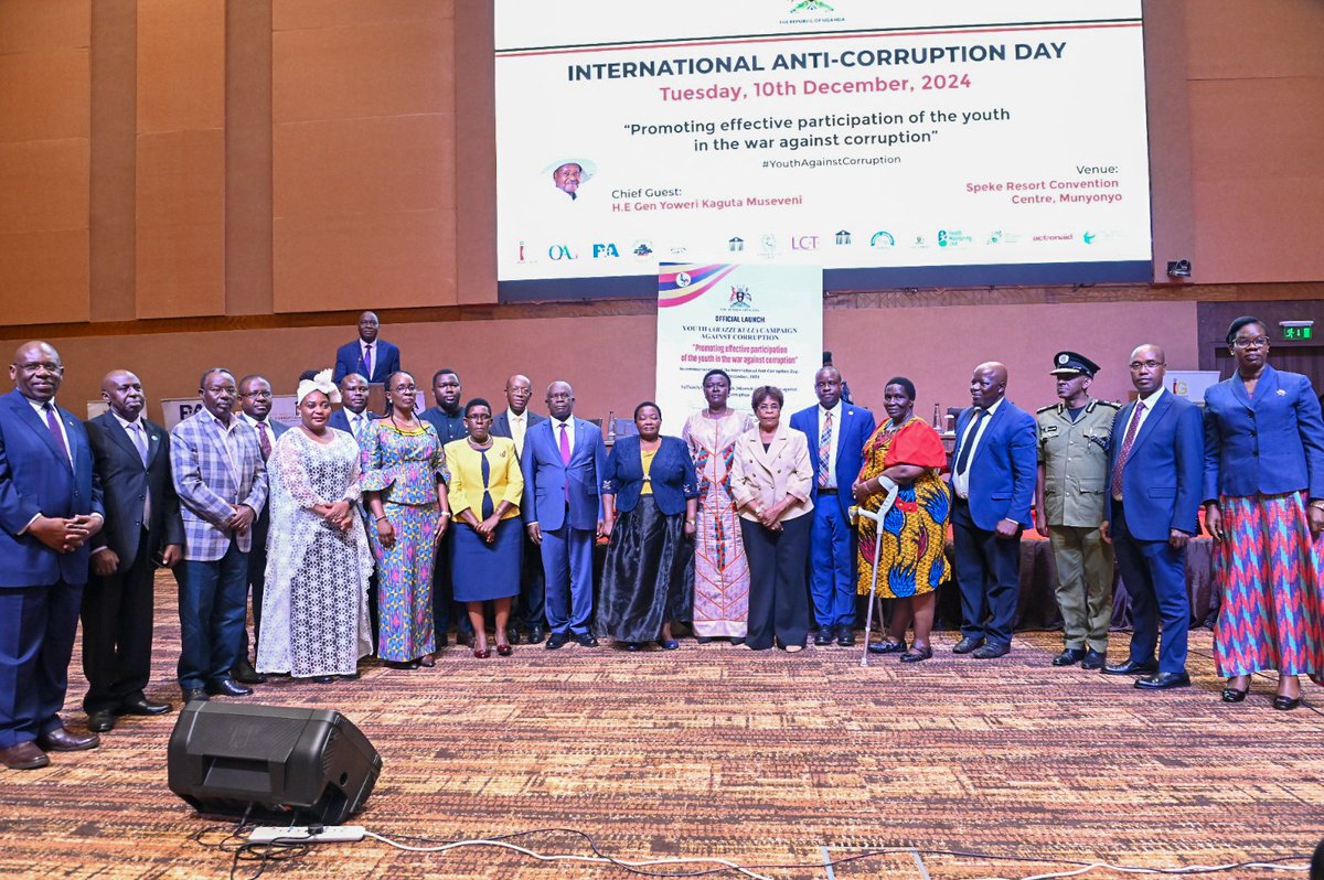 AntiGraft_SH's tweet photo. The Rt. Hon. Prime Minister Robinah Nabbanja, representing H.E. the President as the Chief Guest, delivered a strong message reaffirming the government’s firm commitment to eliminating corruption.

She highlighted that this commitment has its roots in the liberation struggle, where the principles of accountability and integrity were prioritised under the Ten-Point Programme of the National Resistance Movement (NRM). She further noted that key government frameworks, such as the NRM Manifesto (2021–2026), Vision 2040, and the National Development Plans III and IV, clearly reflect the government’s resolve to combat corruption.

The Prime Minister pointed out that success in the fight against corruption depends on a public service that manages resources responsibly, operates ethically, and works efficiently. She called on all Ugandans, including civil society, professional organisations, the media, and religious leaders, to play their part in this effort by fulfilling their respective responsibilities.

She appealed to anti-corruption agencies to strengthen their cooperation in identifying areas within the public service that are most vulnerable to corruption. She encouraged the mapping of high-risk Ministries, Departments, Agencies (MDAs), and Local Governments to guide the development of focused strategies aimed at addressing these risks.

The Prime Minister emphasised the critical role of technology in reducing direct human interaction, which can create opportunities for corruption. She highlighted the need for robust internal and external audits, close monitoring of government programmes such as the Parish Development Model (PDM) and road construction projects, ensuring their proper implementation. She also called for more efforts to involve citizens in anti-corruption initiatives.

In her concluding remarks, the Prime Minister urged all stakeholders to work towards creating a society that values transparency, accountability, and fairness, a society where corruption is not tolerated and where every individual has equal access to opportunities and public resources.
#IACD24
#YouthAgainstCorruption
#ExposeTheCorrupt