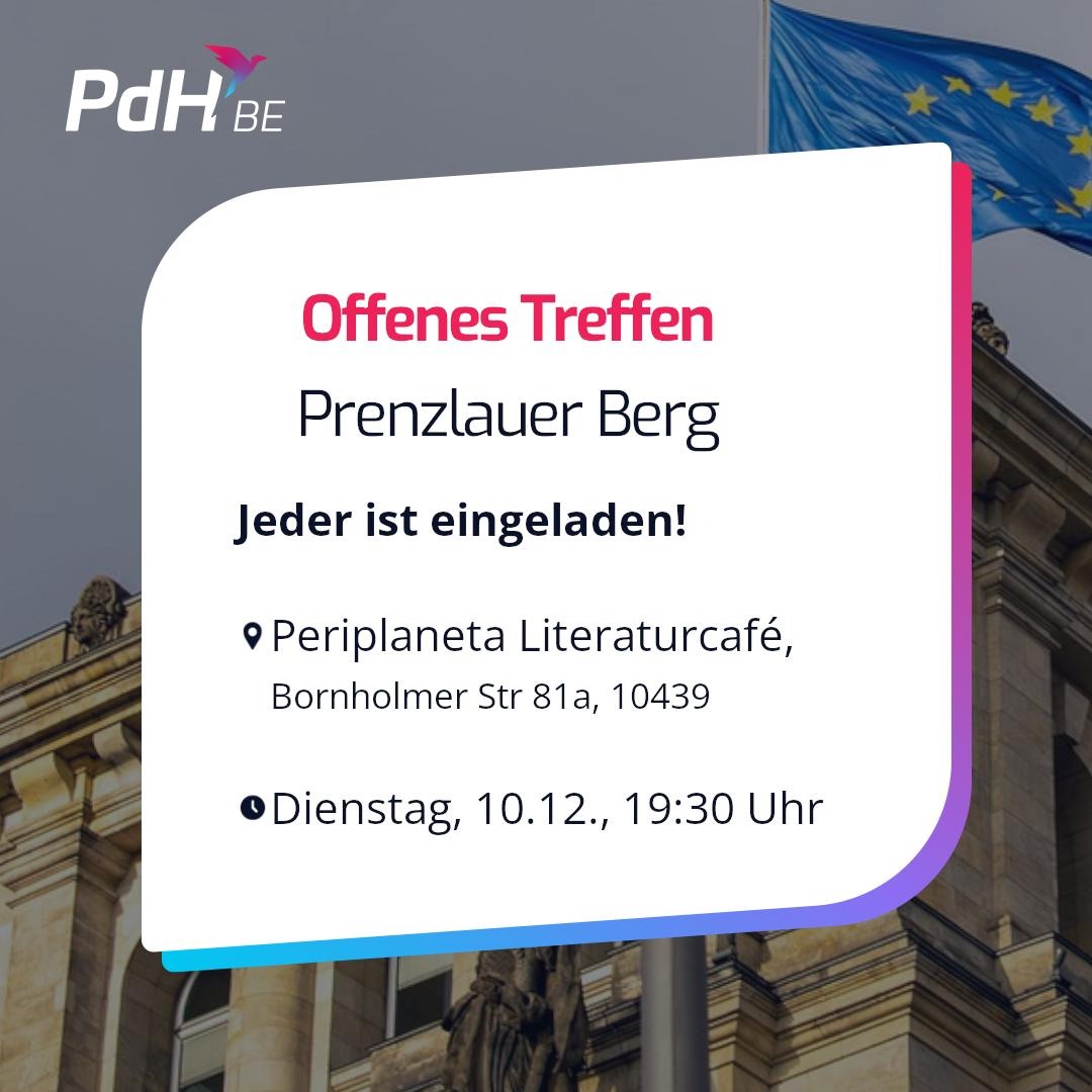 Heute Abend ist es zum letzten Mal in 2024 wieder soweit: Am zweiten Dienstag des Monats treffen wir uns zum Quatschen über die PdH, Politik und die Welt. Kommt gern vorbei, wir freuen uns auf euch!

📍 Periplaneta Literaturcafé Berlin  
🕢 Di., 10.12. | 19:30 Uhr