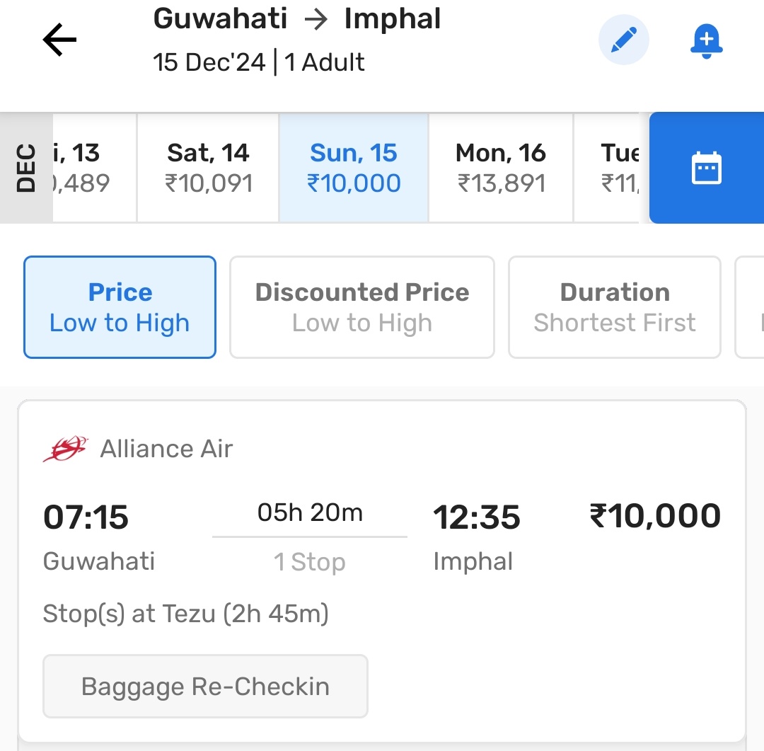 Why is everyone not talking about the unreasonable price hike for flights going to Imphal when the locations are in a radius of 1000 km. The only transport available in the state shouldn't cost this much.
<a href="/IndiGo6E/">IndiGo</a> <a href="/allianceair/">Alliance Air</a> <a href="/AirIndiaX/">Air India Express</a> <a href="/DGCAIndia/">DGCA</a> <a href="/Bimol_Akoijam/">A. Bimol Akoijam</a> <a href="/IndiaTodayNE/">India Today NE</a>