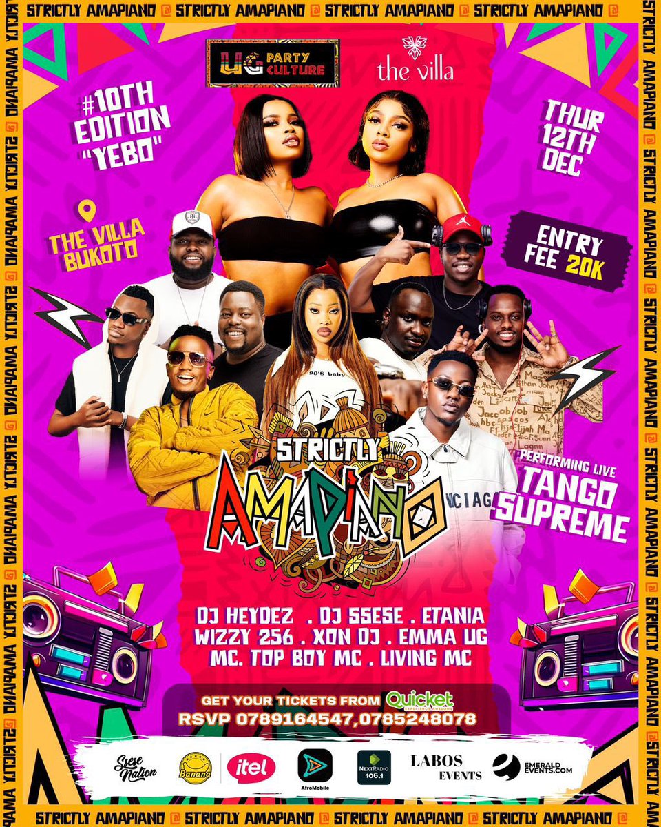SseseNation's tweet image. The #10thEdition of ✨#StrictlyAmapiano ✨ is LIVE this Thursday with @tango_supreme at @thevillaUG alongside Kla&apos;s finest @DJHeydez256, @DJ_Ssese, @Etania, @Wizzy256, Xon Dj, Emma UG MC, Top Boy MC &amp;amp; Living MC 🔥

Grab your tickets via @QuicketUG for a great night #SseseNation