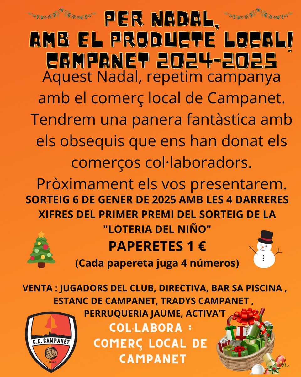 PANERA NADAL COMERÇ LOCAL 🎄🎁
Repetim campanya amb una panera nadalenca amb productes dels comerços locals. 
Si tens un comerç i vols col·laborar encara hi sou a temps. 
Farem una publicació del negoci i la seva aportació a les nostres xarxes. 
Aquesta setmana començam 🫶🏽