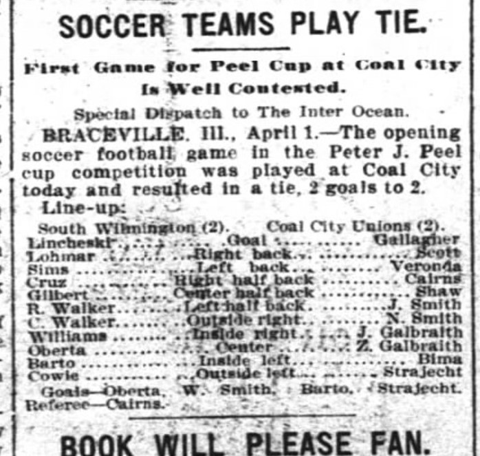 Extra IL coalfield history: Quality Sport
Knockout games are a chance for players to prove their skill. When Eileen (1910 pop: ~600) drew 2-2 with South Wilmington in the inaugural Peel Cup game, Chuck O’Berta shined. He then had a career at highest levels of soccer in Midwest.
