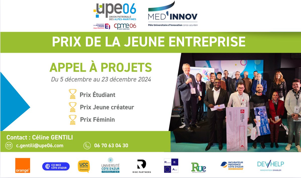 UPE_06 (@upe_06) on Twitter photo Étudiants, jeunes diplômés ou entrepreneurs des Alpes-Maritimes, vous avez un projet entrepreneurial ou une entreprise de moins de 2 ans ? Participez à la 20e édition du Prix de la Jeune Entreprise organisée par l’<a href="/UPE_06/">UPE_06</a> avec le soutien de MED'INNOV🚀
📧 c.gentili@upe06.com Étudiants, jeunes diplômés ou entrepreneurs des Alpes-Maritimes, vous avez un projet entrepreneurial ou une entreprise de moins de 2 ans ? Participez à la 20e édition du Prix de la Jeune Entreprise organisée par l’<a href="/UPE_06/">UPE_06</a> avec le soutien de MED'INNOV🚀
📧 c.gentili@upe06.com
