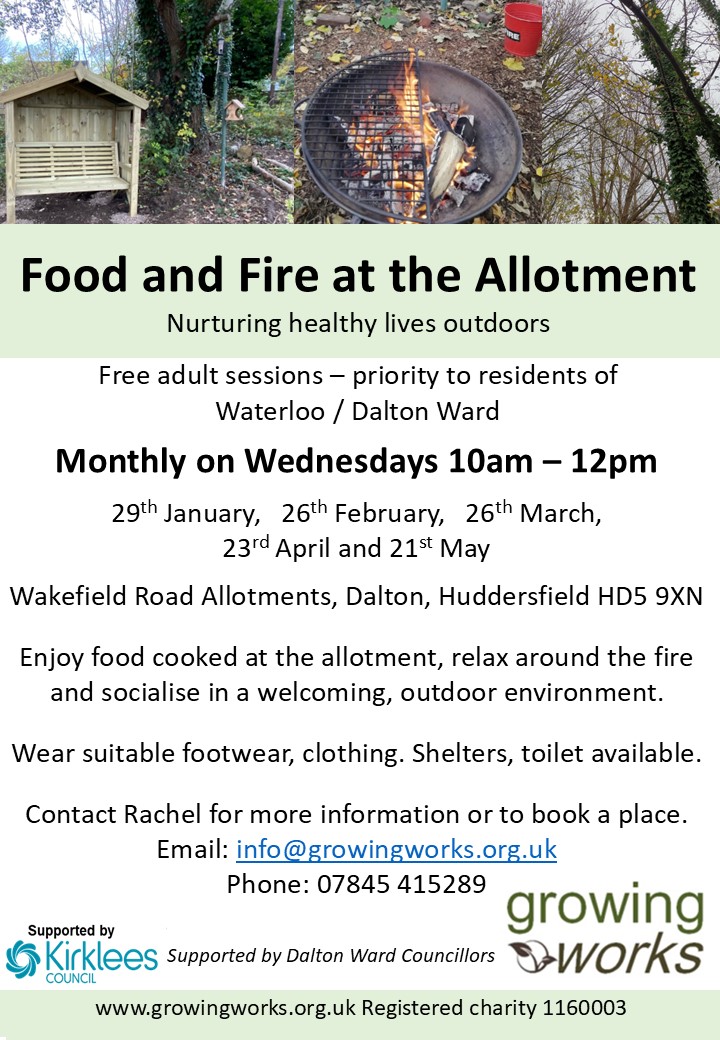 Growing Works (@growingworks) on Twitter photo Join Growing Works for free adult Food and Fire sessions starting on Wednesday January 29th for residents of Waterloo and Dalton.
For more information contact Rachel at info@growingworks.org.uk.
<a href="/DaltonTogether/">Dalton Together</a> <a href="/HWKirklees/">Healthwatch Kirklees</a> Join Growing Works for free adult Food and Fire sessions starting on Wednesday January 29th for residents of Waterloo and Dalton.
For more information contact Rachel at info@growingworks.org.uk.
<a href="/DaltonTogether/">Dalton Together</a> <a href="/HWKirklees/">Healthwatch Kirklees</a>