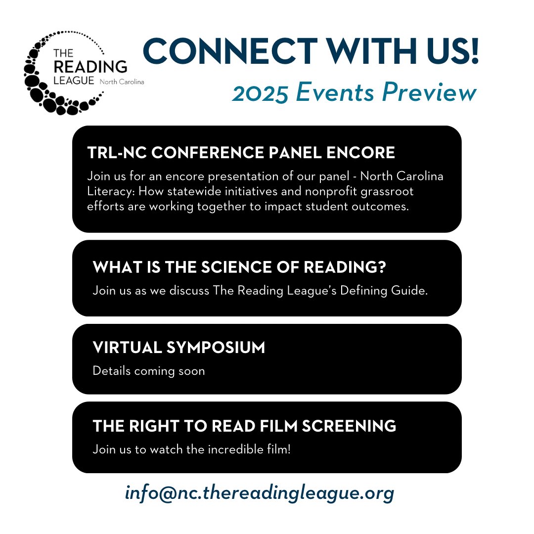 The Reading League North Carolina (@readingleaguenc) on Twitter photo TRL-NC has exciting opportunities coming in 2025! Our 1st event in the new year will be an encore panel presentation from the <a href="/reading_league/">The Reading League</a> Conference in October. We look forward to providing more events throughout the coming year, so continue to watch for announcements! TRL-NC has exciting opportunities coming in 2025! Our 1st event in the new year will be an encore panel presentation from the <a href="/reading_league/">The Reading League</a> Conference in October. We look forward to providing more events throughout the coming year, so continue to watch for announcements!