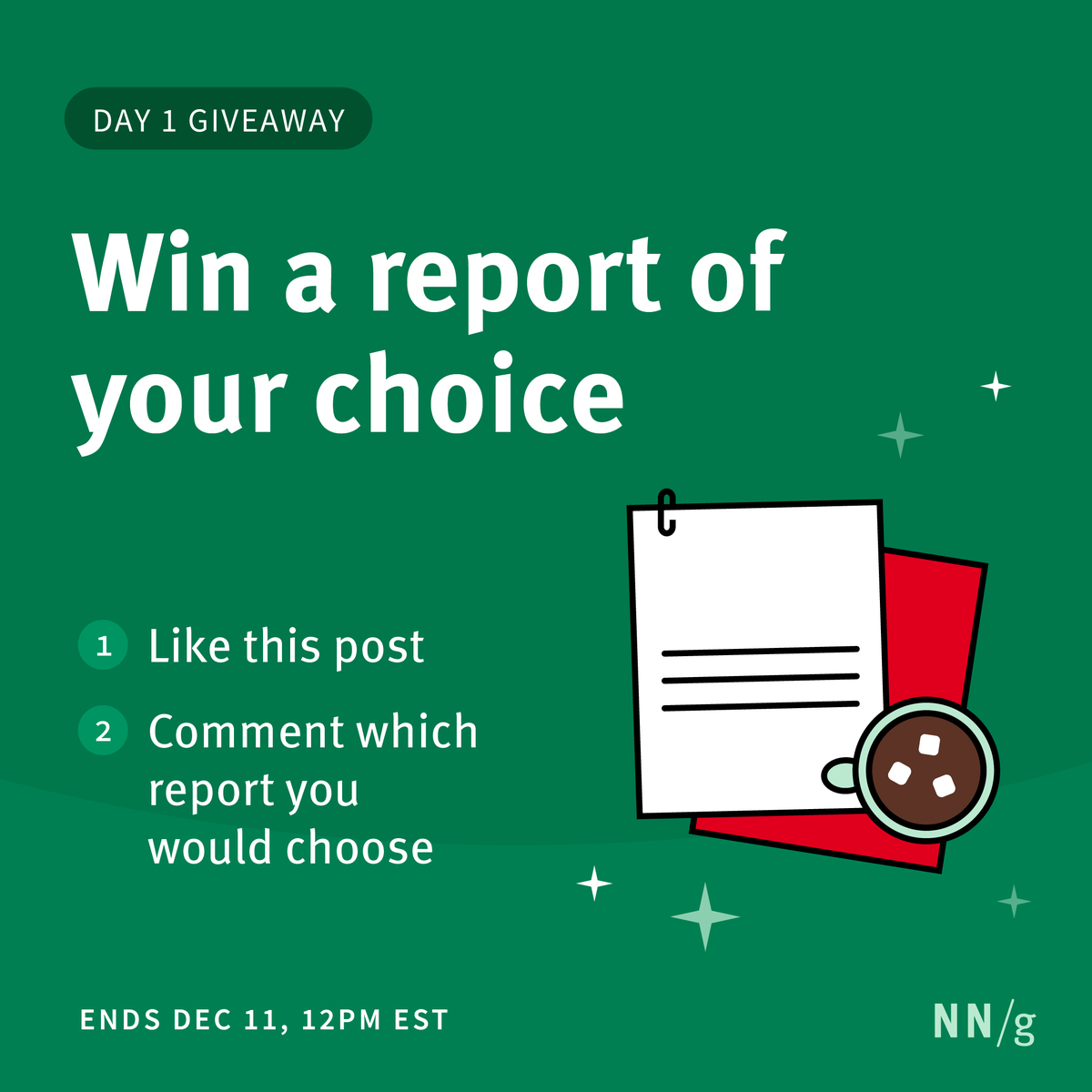 Day 1 of NN/g’s holiday giveaways is here! Win a UX report of your choice! 📚✨

To enter:
1️⃣ Like this post ❤️
2️⃣ Comment which report you’d pick: bit.ly/3BldK40

Hurry—giveaway ends Dec 11, 12 PM EST! ⏳

#UXDesign #HolidayGiveaway