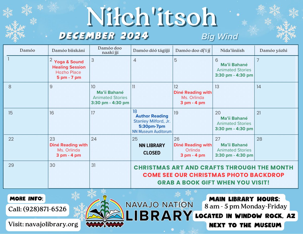 NavajoLibrary's tweet image. Yá’át’ééh abiní everyone! Join us this Niłch’itsoh 2024, whether its hearing children’s books read in Diné Bizaad, watching Ma’ii Bahané, or attending a reading from Stanley Milford, Jr., author of The Paranormal Ranger: A Navajo Investigator&apos;s Search for the Unexplained.